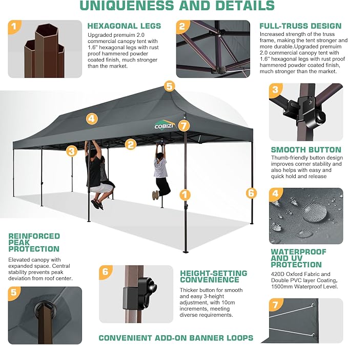 COBIZI 10x30 Pop Up Canopy Tent Heavy Duty with 8 Removable Sidewalls, Commercial Portable Tents for Parties Ez Up Canopy All-Weather Windproof & Waterproof and UPF 80+ Wedding Tent Sun Shelter