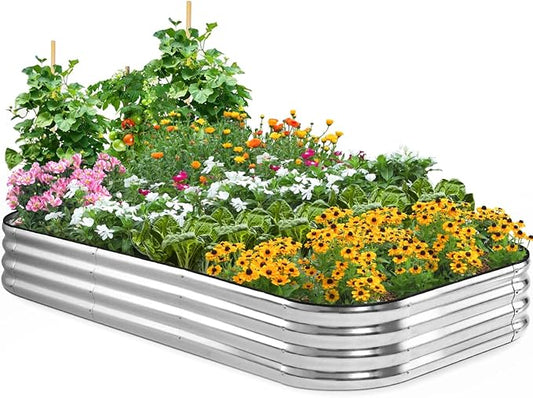 Quictent Galvanized Raised Garden Bed Kit, 8x4x1 ft Oval Metal Planter Box for Vegetables, Rubber Strip Edging Included (Silver)
