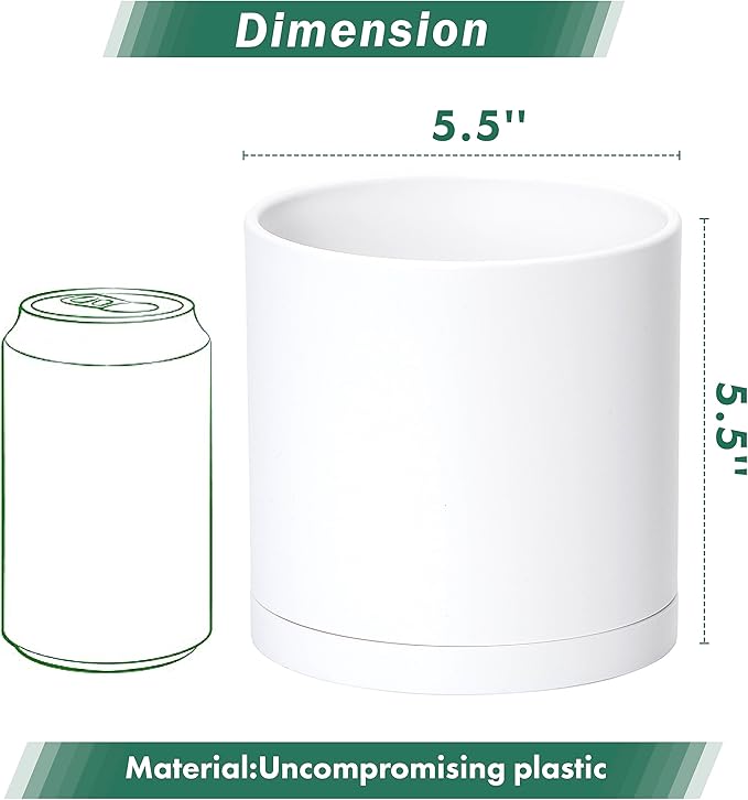 D'vine Dev 4 Pack 5.5 Inch Modern Plastic Plant Pots, Small Garden Planters for Plant with Drainage Holes and Saucers, White Color, 74-Z-H-2