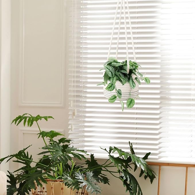 Flexzion Hanging Plant Basket Boho Cotton Rope Basket Indoor Hanging Planter, Up to 7" Flower Pot, Macrame Woven Modern Plant Holder, Storage Bin Organizer, Home Decor with 20" Hanging Rope, White