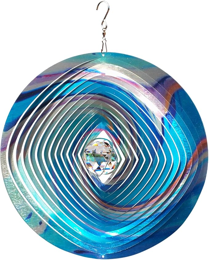 FONMY Mandala Wind Spinner w/Crystal Ball 3D Stainless Steel Hanging Wind Spinner Worth Gift Christmas Decoration Indoor/Outdoor Garden Décor Kinetic Yard Art 12 Inches Multi Blue Wind Sculpture