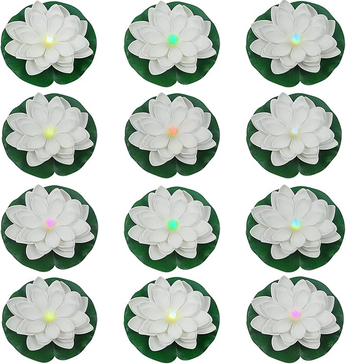 12 PCS Floating Lotus Lights - Artificial LED Lotus Waterproof Battery Operated Water Activated Color Changing Fake Lily Pad Lights for Pool Pond Lantern Garden Outdoor Decor