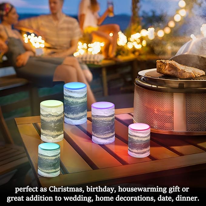 Flickering Flameless Candles, Black White Marble Gold Veins LED Candles with Remote Timer, Set of 2 Battery Operated Candle for Valentine Wedding Birthday