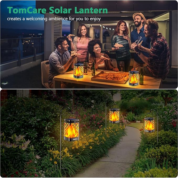 TomCare Solar Lanterns Outdoor Upgraded Flickering Flame Waterproof Hanging Lanterns Decorative Solar Powered LED Christmas Lights for Patio Deck Yard, 2 Pack