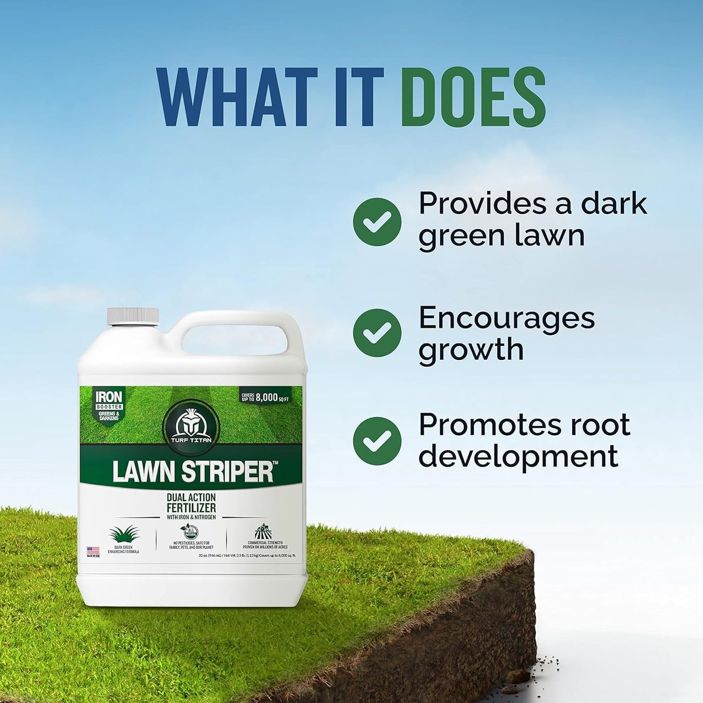 Turf Titan Lawn Striper 1 Gallon- Iron & Nitrogen Fertilizer to Promote Dark-Green, Stripe-Defined Turfs - Kids & Pet Safe, Natural Lawn Fertilizer - Green Grass Fertilizer - Covers up to 32,000 Sq Ft