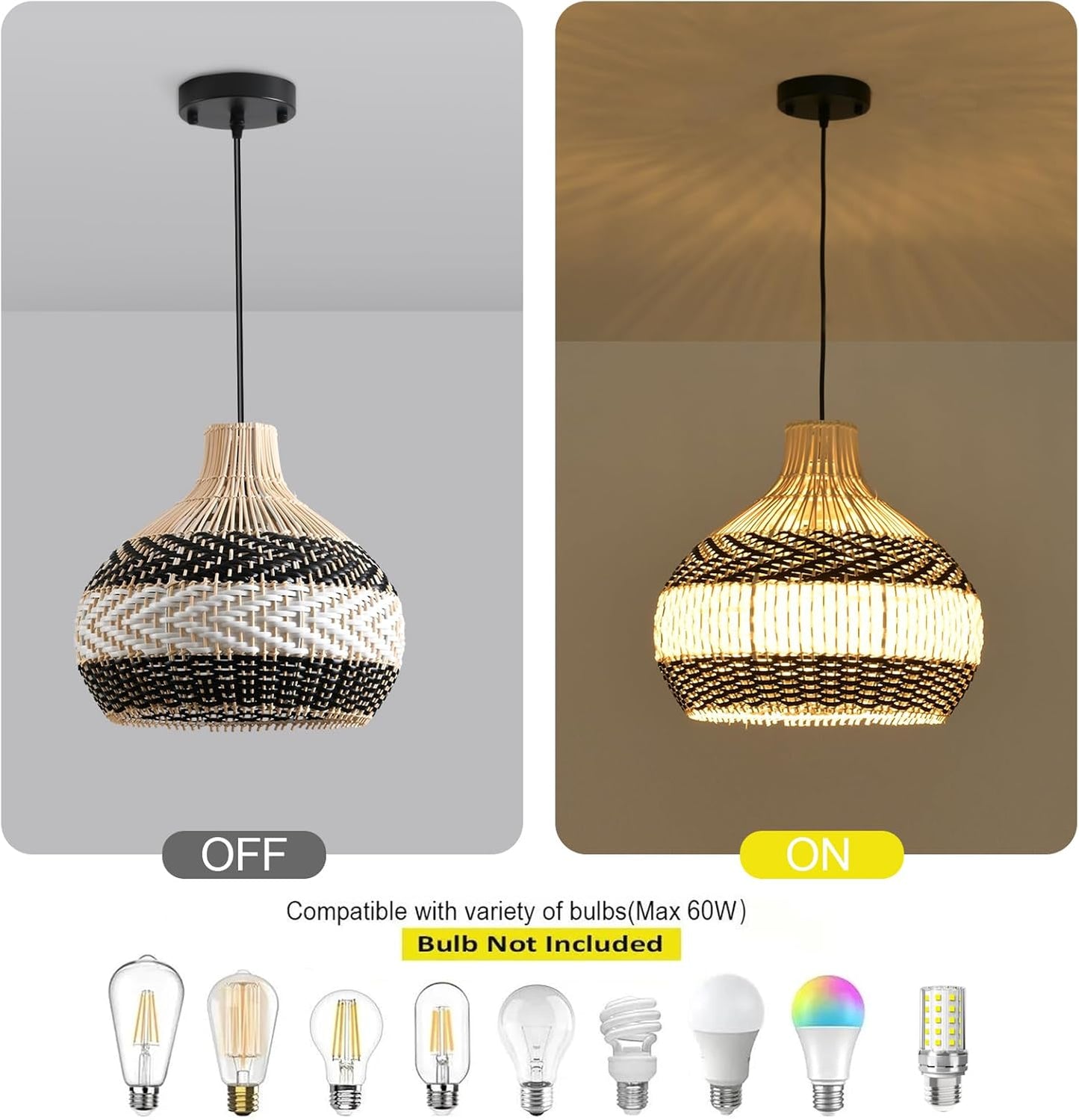 3-Light Rattan Pendant Light,Hand-Woven Black White Faux Rattan Hanging Light 15" Boho Basket Wicker Chandelier,for Living Room Bedroom Kitchen Dining Hallway 1-Pack