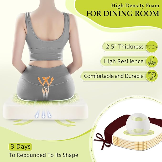 Chair Cushions for Dining Chairs, Indoor Chair Cushions with Ties，Waterproof Chair Pads Set of 6, Burgundy, 17x16x2.5 Inch