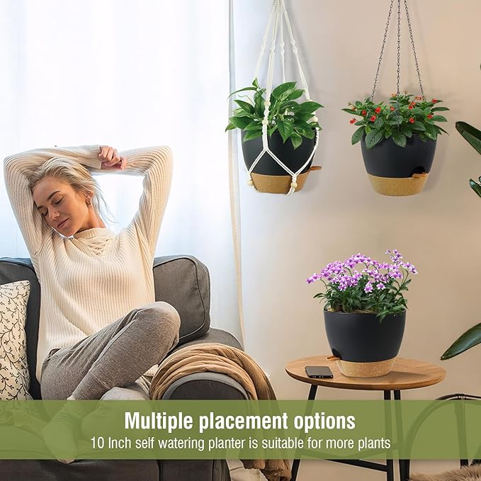 Self Watering Hanging Planters 10 inch, 2 Pack Hanging Flower Pots for Indoor Outdoor Plants, Hanging Baskets with Drainage Holes & 2 Kinds of Plant Hangers for Garden Home Decor, Black Brown