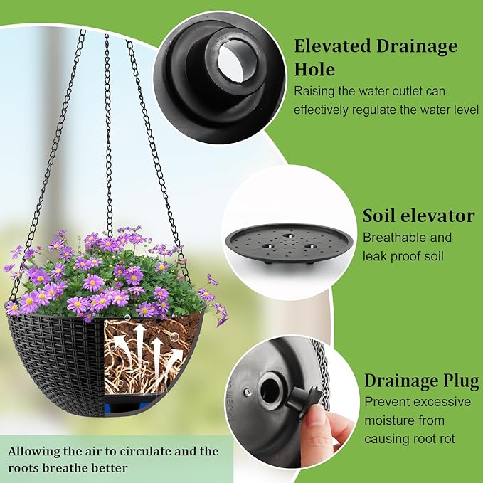 Hanging Planters for Indoor Outdoor Plants 8/10 Inch, 4 Packs Plant Hanger with Drainage Holes, Hanging Basket Flower Pot Perfect for Home, Office and Garden, Black