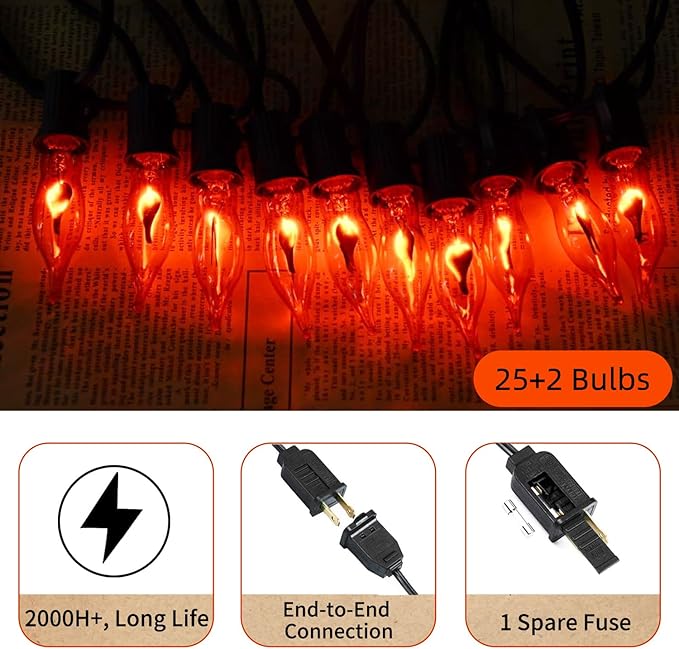 27.8Ft Halloween Decorations Flickering Flame String Lights with 27 Pack Orange Clear Flame Light Bulbs (4 Spare E12 Bulbs), Orange Christmas Lights Outdoor for Home Party Christmas Halloween Decor