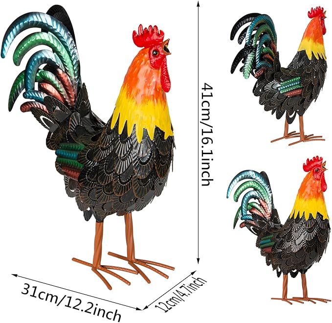 XONOR Metal Rooster Statues, Garden Chicken Decorations, Outdoor Chicken Sculpture, Metal Yard Rooster Artwork for Outdoor, Patio, Backyard and Home Kitchen Decoration (1pc, Dark Brown)