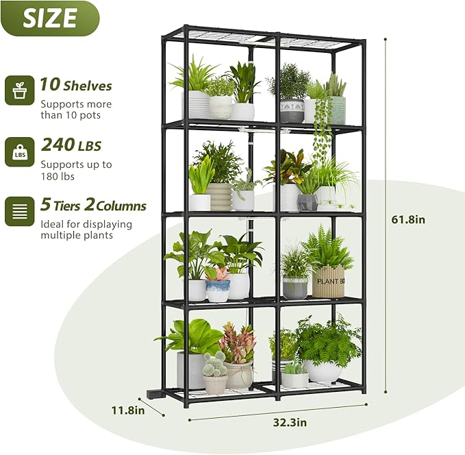 Plant Stand With Grow Light Indoor Outdoor Tall Wide Plant Shelf Metal Waterproof Black Plant Rack for Multiple Plant Holder Flower Pot Table 5 Tiers