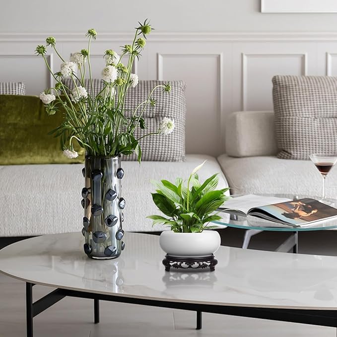 Ceramic Chinese Pot with Base White Water Lily Bowl 6Inch Porcelain Lotus Pot Jardiniere Planter Oriental Fish Bowl Bonsai Vase