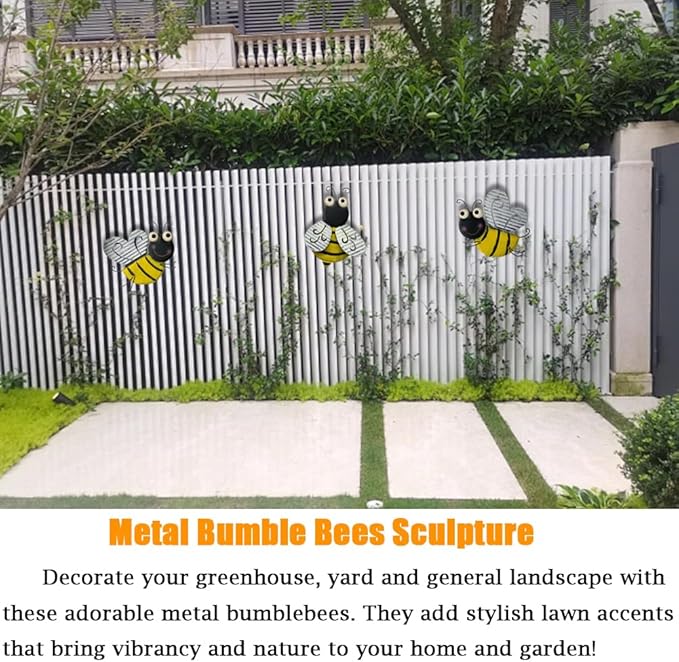 3 Pcs Metal Bee Wall Decor, Cute Bumble Bee Sculpture, Funny Animal Wall Decor - Yellow Bodies, Black Stripes, Large Eyes for Home Office Decor (Bee)
