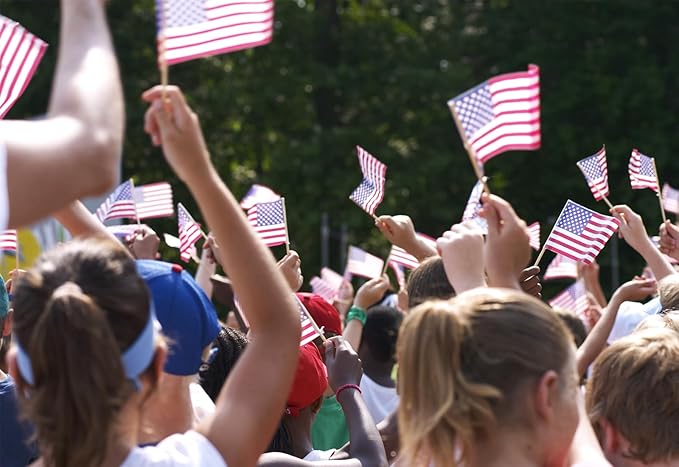 150pcs Small American Flags on Stick, Handheld 8 x 5.5 Inchs Mini American Flags with Kid-Safe Golden Spear Top, US Flags for 4th of July Decorations Outdoor, Independence Day Decorations