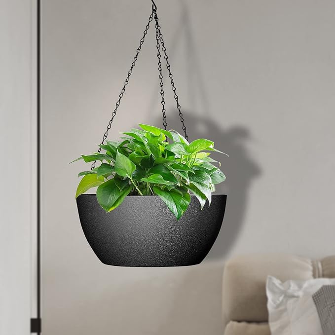 13 inch Large Hanging Planters Plant Pots for Outdoor Indoor Plants with Drainage Holes and Chain, 2 Pack Round Hanging Flower Pots for Garden Home Porch Decor, Black