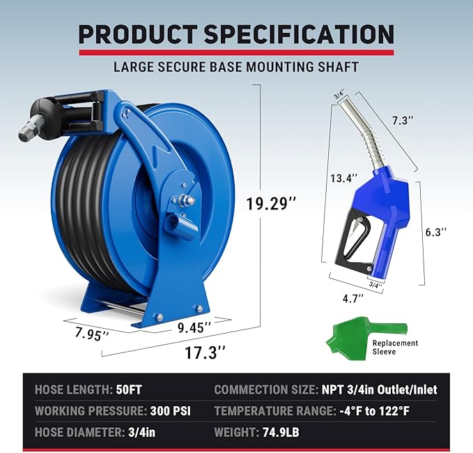 Fuel Hose Reel Retractable with Fueling Nozzle, 3/4" x 50" Heavy Duty Steel, 300PSI Industrial Auto Swivel, Spring Driven Diesel Hose Reel for Construction Farm Ship Vehicle Tank, Blue