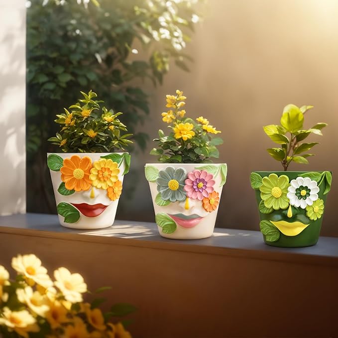 GUGUGO Flower Face Planters, Abstract Unique Head Plant Pot with Drainage, Rainbow Colorful Cute Flower Plant Pots for Indoor Plants, Funny Succulent Gardening Pot Gift Home Décor (Green&White, 5Inch)