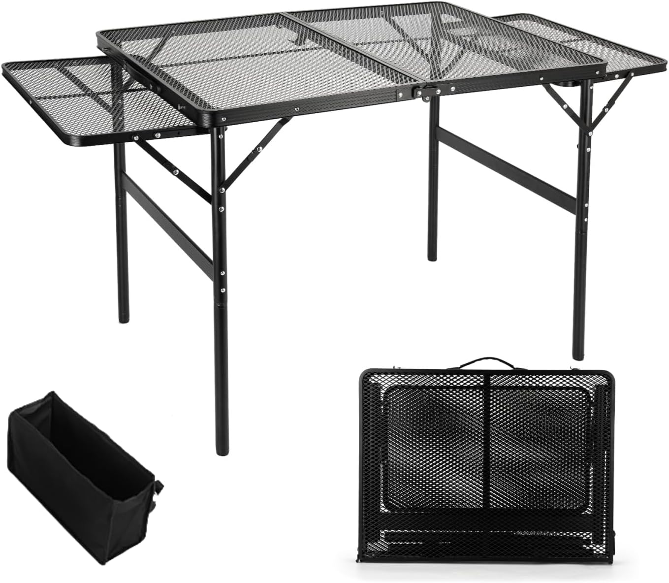 Grill Table Folding Table with 2 Wing Panels 3FT+1.4 FT with with 1×2/5 L Storage Bag Mesh Desktop 2 Height Adjustable Portable Grill for Outdoor Indoor Beach BBQ Picnic Travel RV Black