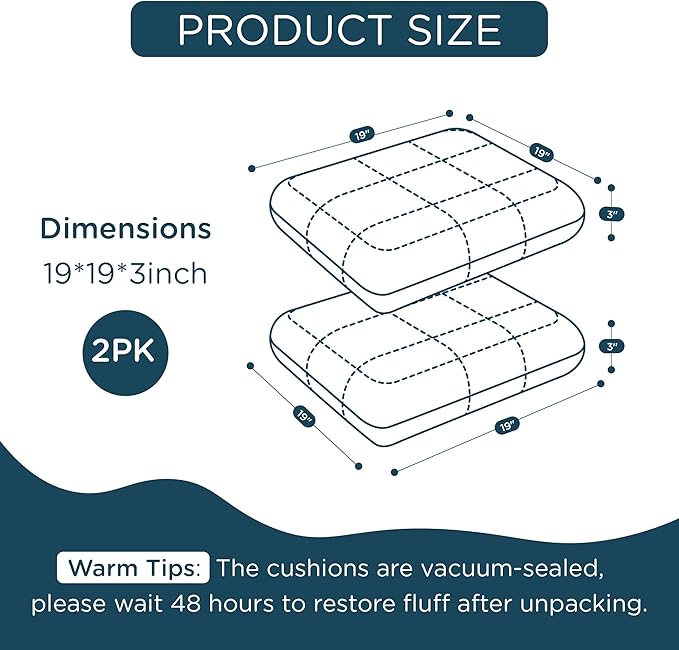 Codi Patio Chair Cushions 19x19 Inch, Waterproof Seat Cushion for Outdoor Furniture with Textured Fabric, Handles & Adjustable Straps, Fade Resistant - Set of 2, Grey