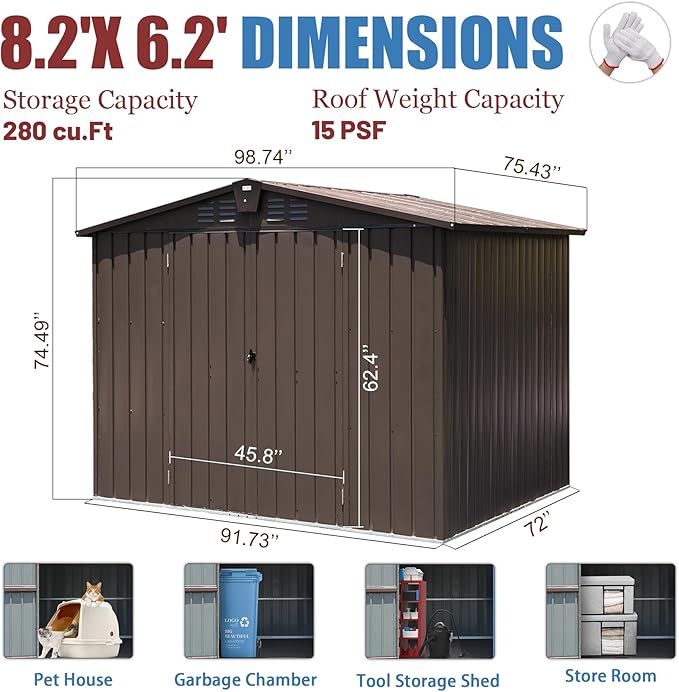 Domi Outdoor Storage Shed 8.2' x 6.2', Metal Steel Utility Tool Shed Storage House with Double Lockable Doors & Air Vents for Backyard Patio Garden Lawn Brown