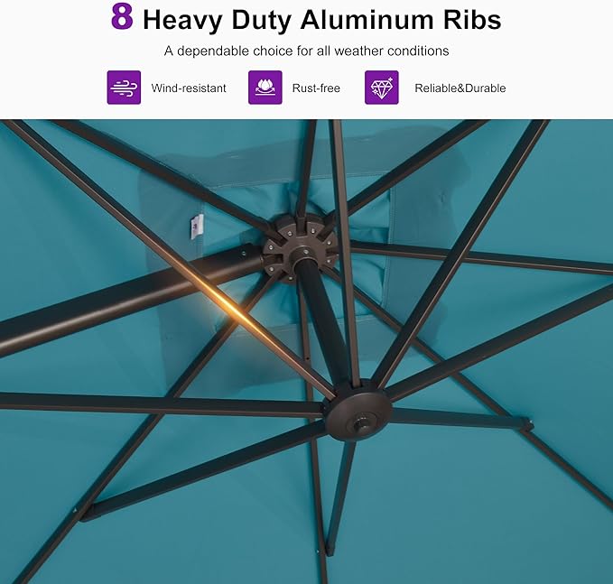 PURPLE LEAF 10 Feet Patio Cantilever Umbrella Square Outdoor Umbrella with 360° Rotation and Aluminum Offset Hanging for Garden Backyard Pool, Turquoise