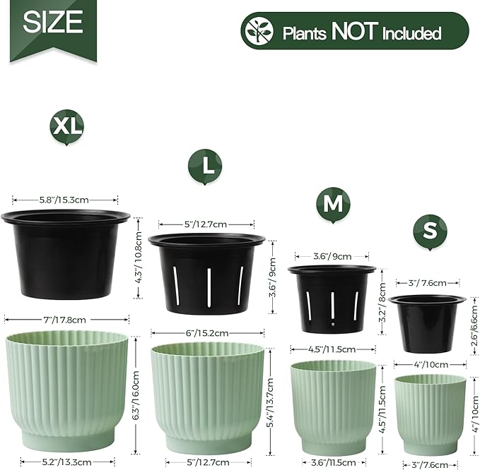 T4U 7 Inch Self Watering Pots for Indoor Plants, 4 Pack Green Plastic Flower Pots for All House Plants, Flowers, African Violets