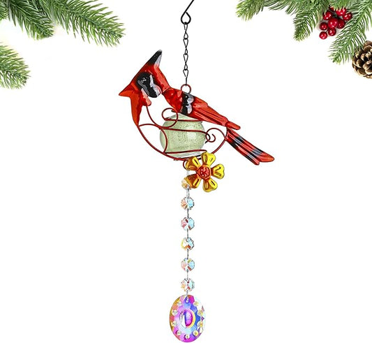 13inch Stained Metal Cardinal Birds Sun Catcher Decorative Window Hanging Ornament Crystals Prism Suncathers Red Bird for Home Garden Decor