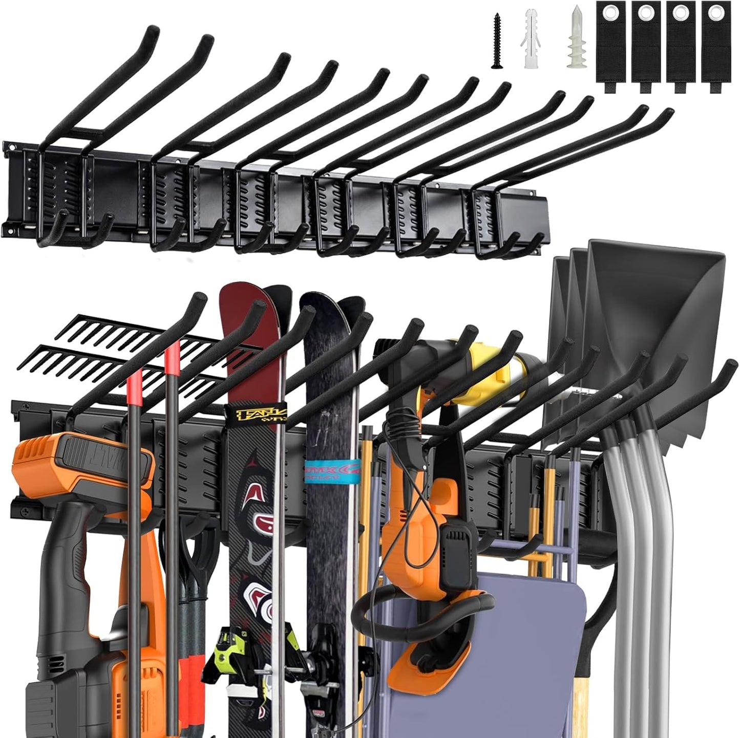 Garden Tool Organizer Wall Mount 48 Inches Max Load 660lbs Garage Storage and Organization, Adjustable with 6 Garage Hooks and 4 Cable Ties, Yard Shed and Power Tool Organizer Rack