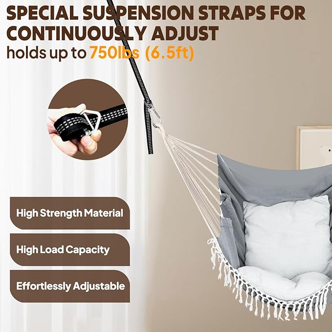 Chihee Hammock Chair Hanging Swing 2 Pillows Included,Strong Webbing Straps and Hooks for Easy Hanging Soft Cotton Hanging Chair Side Pocket Tassel Chair Comfort Indoor Outdoor Light Grey