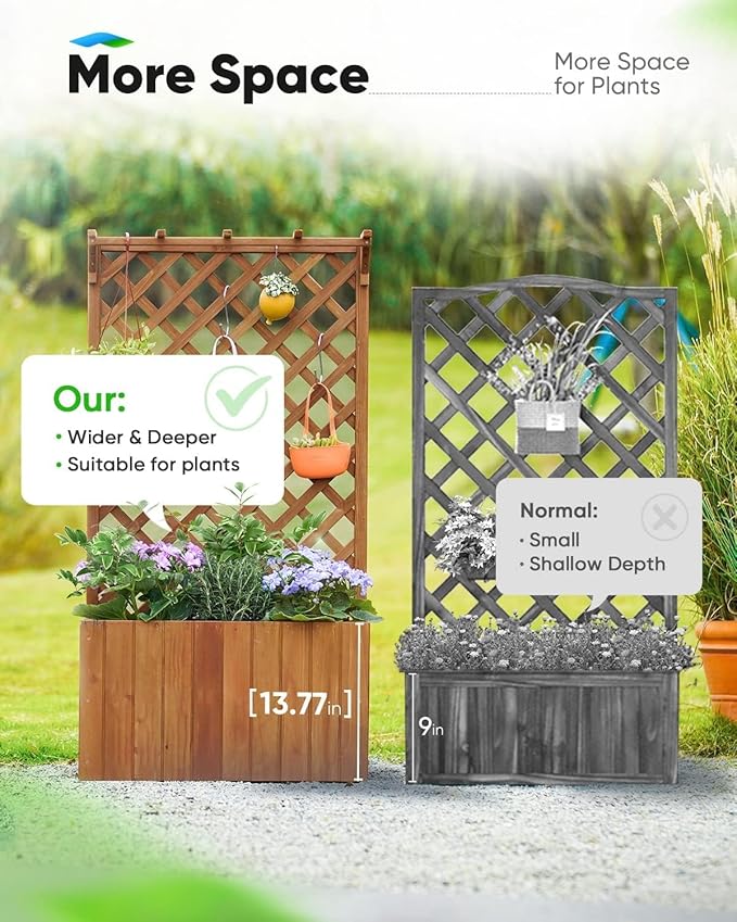 Quictent Raised Garden Bed Wood Planter Box with Lattice Trellis for Vine Climbing Plants Flower Free-Standing, for Patio Garden Indoor Outdoor 25x12x48 in