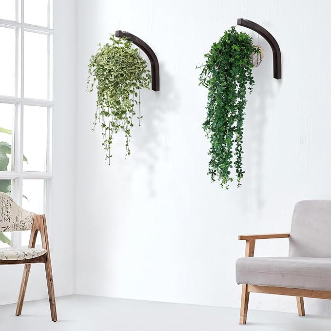 FGSAEOR Stylish Wooden Plant Hanger, 2 Pack 8 Inch Indoor Outdoor Wall Hooks for Planter Basket Hanging Flower Pot Bracket Lanterns Wind Chimes Decoration, Premium Beech Wood Home Decor, Walnut Color