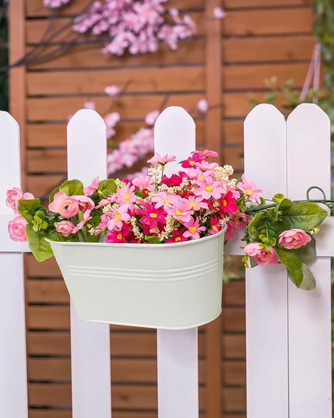 vensovo Metal Railing Planter for Outdoor Plants - 5 Pack Balcony Hanging Flower Pots with Detachable Hooks and Drain Holes Oval Bucket Rail Box Fence Planters for Home Garden Decor, White