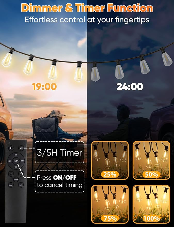 Brightever 180FT LED Outdoor String Lights, Dimmable Patio Lights with Remote Control, 56 Shatterproof ST38 Edison Bulbs, 3 Lighting Modes, 3H/5H Timer, Outdoor Hanging Light for Pool，Fence, Garden