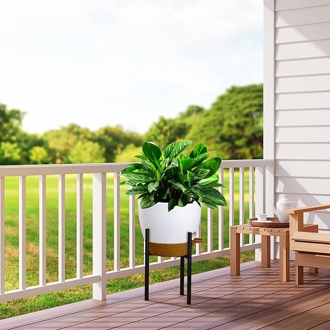 12 inch Large Self Watering Pots, Plastic Planters with 60oZ Removable Deep Reservoir and Multi Mesh Drainage Holes for Indoor Outdoor Garden Plants and Flowers, White with Brown