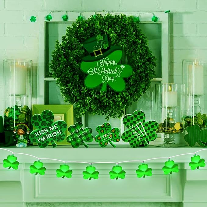 St Patricks Day Decorations Shamrock String Lights, 8.5FT Green Lucky Clover String Lights Waterproof with 10 Green LED Lights for Indoor Outdoor St. Patrick's Day Party Decorations, White Wire