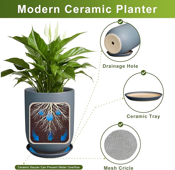 Ceramic Pot for Plants - 8 Inch Plant Pot for Indoor Plants Outdoor Ceramic Planter Large Flower Pot with Drainage Hole and Saucer for Home Garden Decor Gray