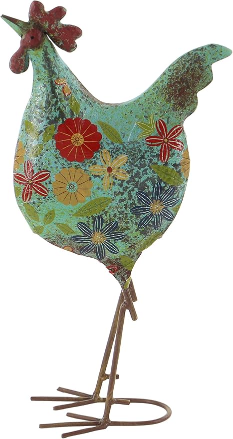 Deco 79 Metal Rooster Decorative Garden Sculpture Indoor Outdoor Distressed Standing Garden Statue with U Shaped Feet, Outdoor Sculpture 10" x 5" x 17", Green