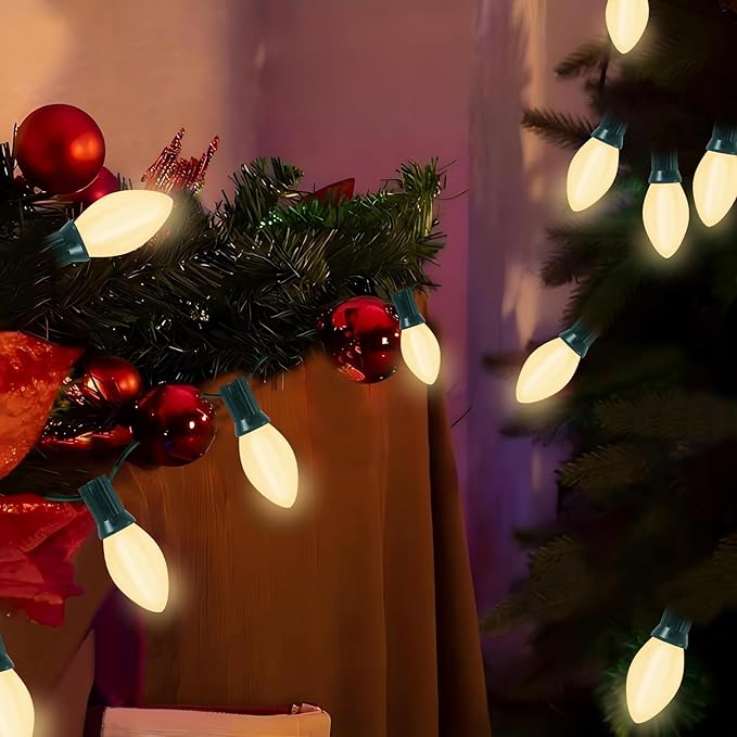 C7 Clear LED Christmas String Lights, 25FT C7 Outdoor String Lights with 27 LED Warm White Bulbs, Connectable Vintage Christmas Lights for Patio Porch Balcony Wedding Christmas Decorations, Green