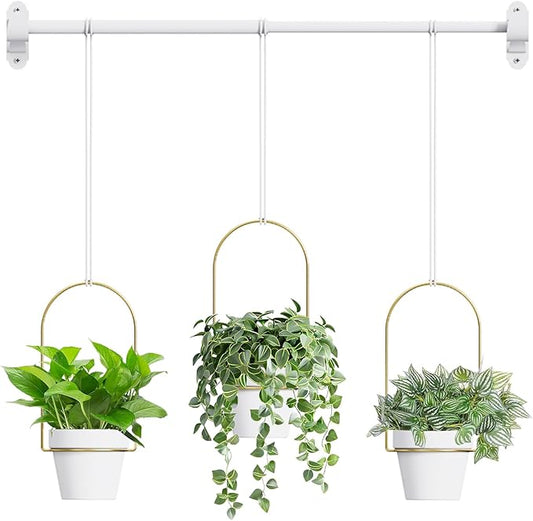 DOUBFIVSY Hanging Planters for Indoor Plants Plant Hanger, Adjustable Hanging Window Planter Hanging Wall Planter for Garden, 25in Plant Shelves Metal Holder Rod with Pots (White)