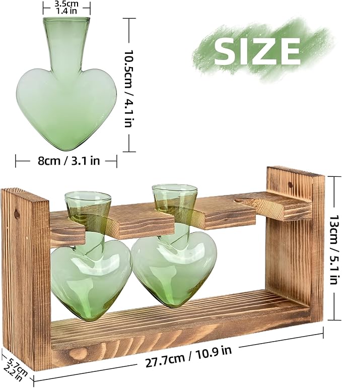 Plant Terrarium Propagation Stations Hydroponics Home Garden Decoration Gift for Women with Wooden Stand Heart Shaped Colored Glass Vase