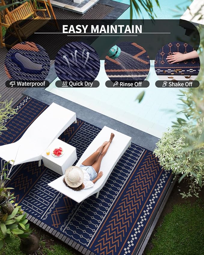 Outdoor Rug Carpet Waterproof 8x10 ft Patio Rug Mat Indoor Outdoor Area Rug for RV Camping Picnic Reversible Lightweight Plastic Straw Outside Rug for Patio Decor Decoration Boho Rug Navy Red