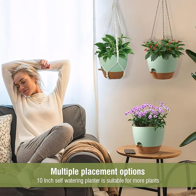 10 inch Self Watering Hanging Planters for Indoor Plants, 2 Pack Hanging Baskets for Outdoor Plants, Hanging Flower Pots with Drainage Holes & 2 Kinds of Plant Hangers for Home Decor, Green