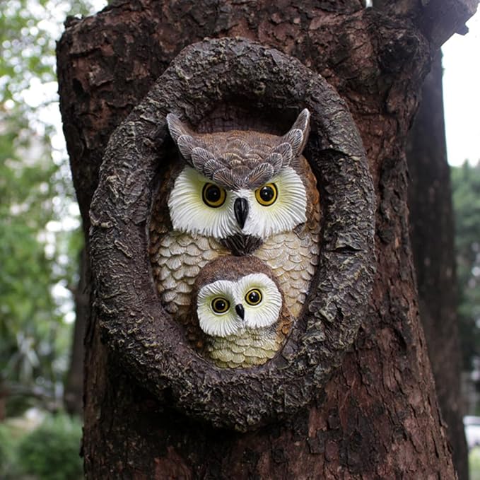 Owl Tree Hugger Whimsical Tree Sculpture Garden Statues Outdoor Tree Face Decor Garden Peeker Yard Art Decorations (Mom and Baby Owl)