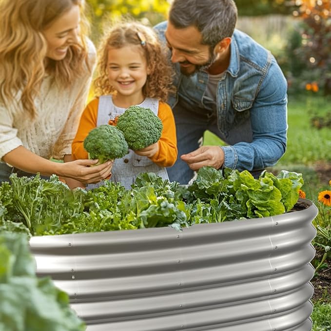4x2x2ft Oval Galvanized Raised Garden Bed Kits Outdoor Large Metal Modular Planter Box 9-in-1 Raised Beds for Gardening,Vegetables,Fruits,Flowers & Herbs (Silver)