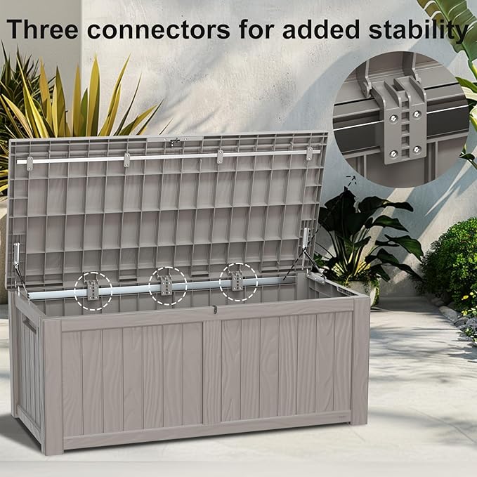120 Gallon Deck Box,Resin Outdoor Storage Box with Lockable for Patio Furniture, Pool Accessories, Garden Tools Waterproof Outside Storage Box, Grey