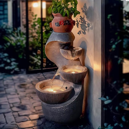 20" H Outdoor Water Fountain, Modern Outdoor Garden Fountains with LED Lighted for Garden, Patio, Deck, Backyard and Home Art Decor