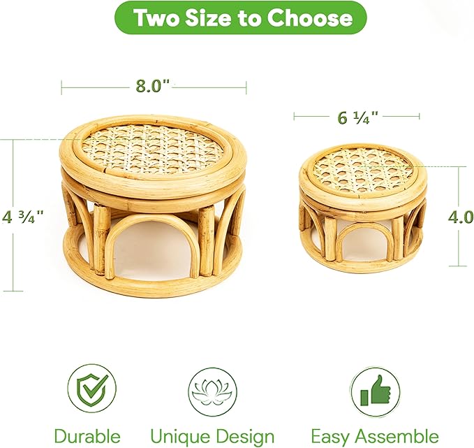 Set of 2 Small Boho Rattan Wicker Round Riser Plant Stand Indoor,Rustic Farmhouse Natural Wooden Circle Pedestal for Decor & Display, Tabletop, Office Decor