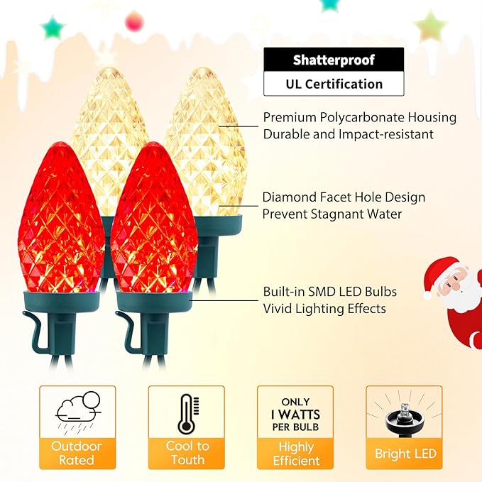 Brightown C9 LED Christmas String Lights, 66ft 100 LED Waterproof Strawberry String Lights, Plug-in Extendable Green Wire Lights String for Outdoor Outside Patio Party Decoration, Red and Warm White