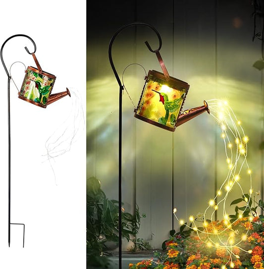 Larekook Solar Outdoor Watering Can Lights Decorative Path Lights, Metal Glass Solar Garden Light Outdoor Waterfall Decor Ornament for Yard Lighting Outside Hummingbird